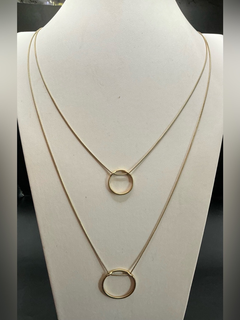 DOUBLE LAYER GOLD TONE THIN SNAKE CHAIN NECKLACE WITH OPEN RING ACCENTS